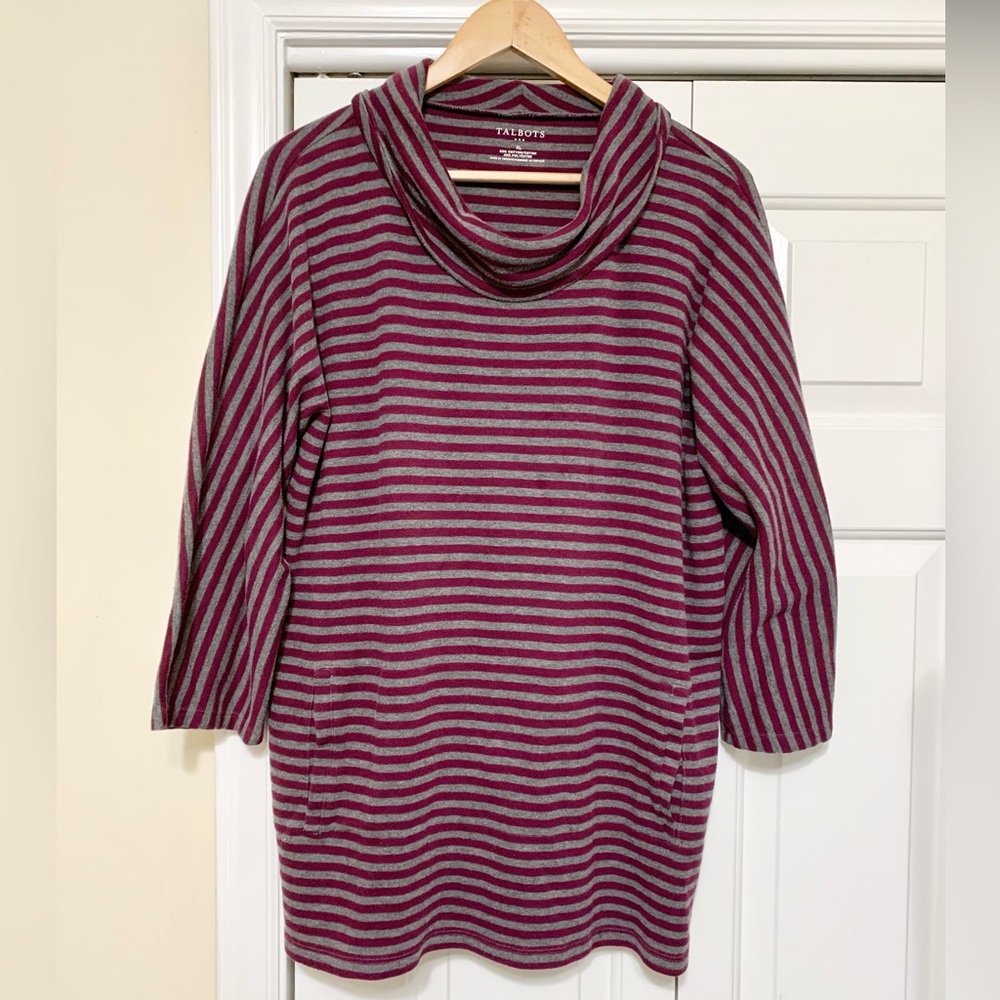 Talbots Striped Cowl Neck Kangaroo Pouch Pocket Tunic Top - XL